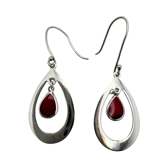 Sterling 925 Thai SilverEarrings Red Jasper? Stone Vintage Teardrop Dangle - Picture 1 of 5